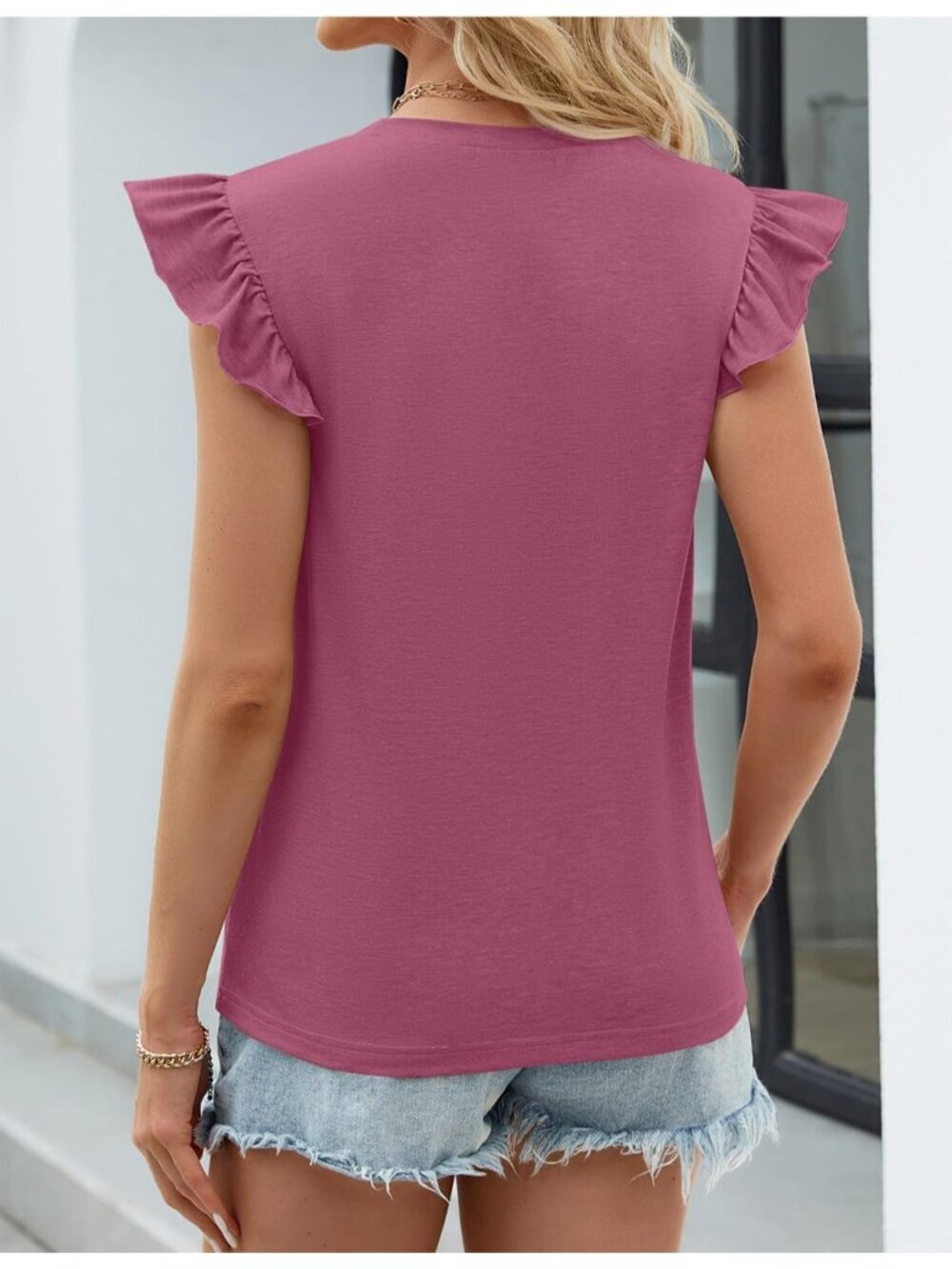 Women's T-Shirt Red Ruffle Short Sleeve Crew Neck Casual Blouses with Pocket - Picture 5 of 5